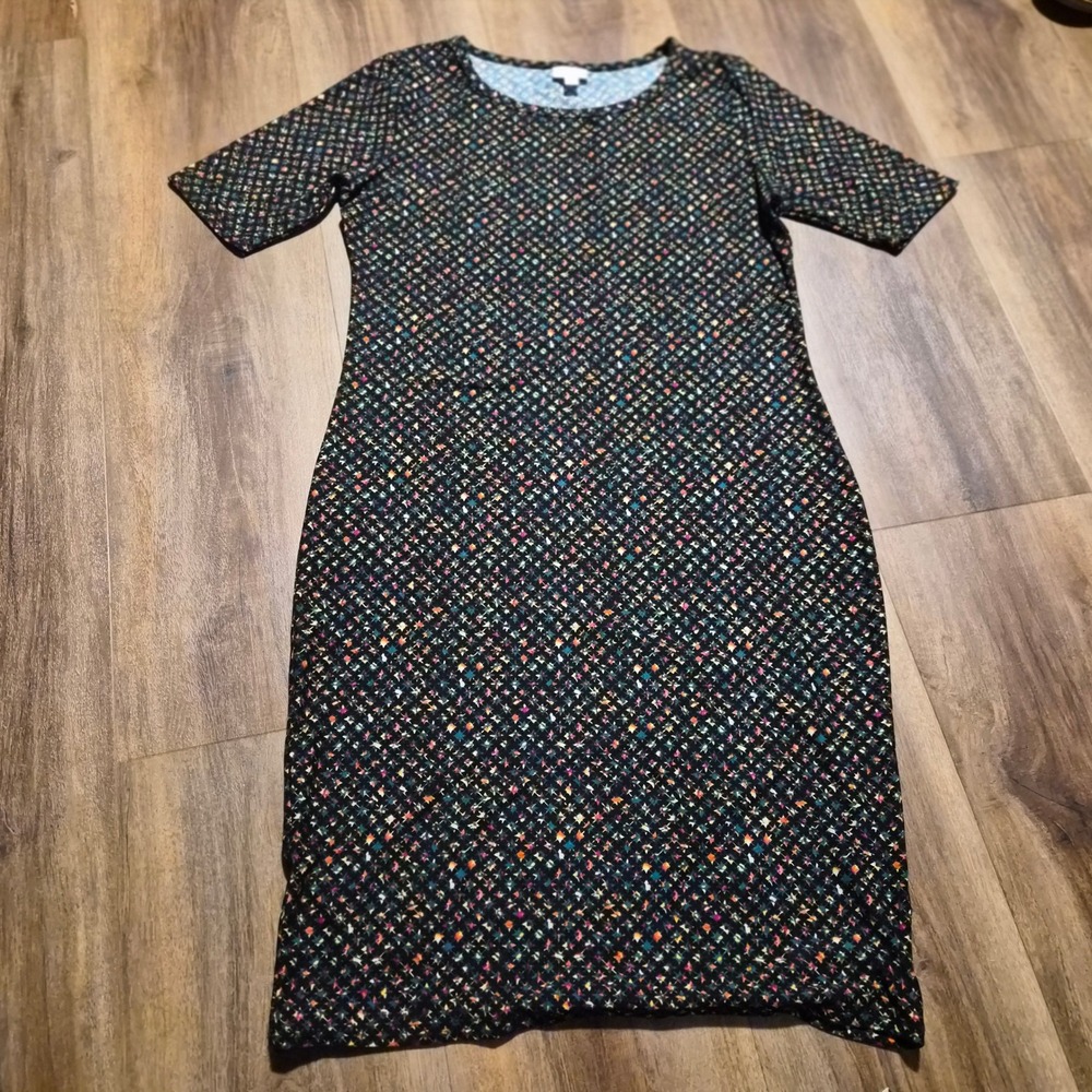 LuLaRoe Julia Dress Womens Large Black Multicolor Geometric‎ Star Print Sheath
